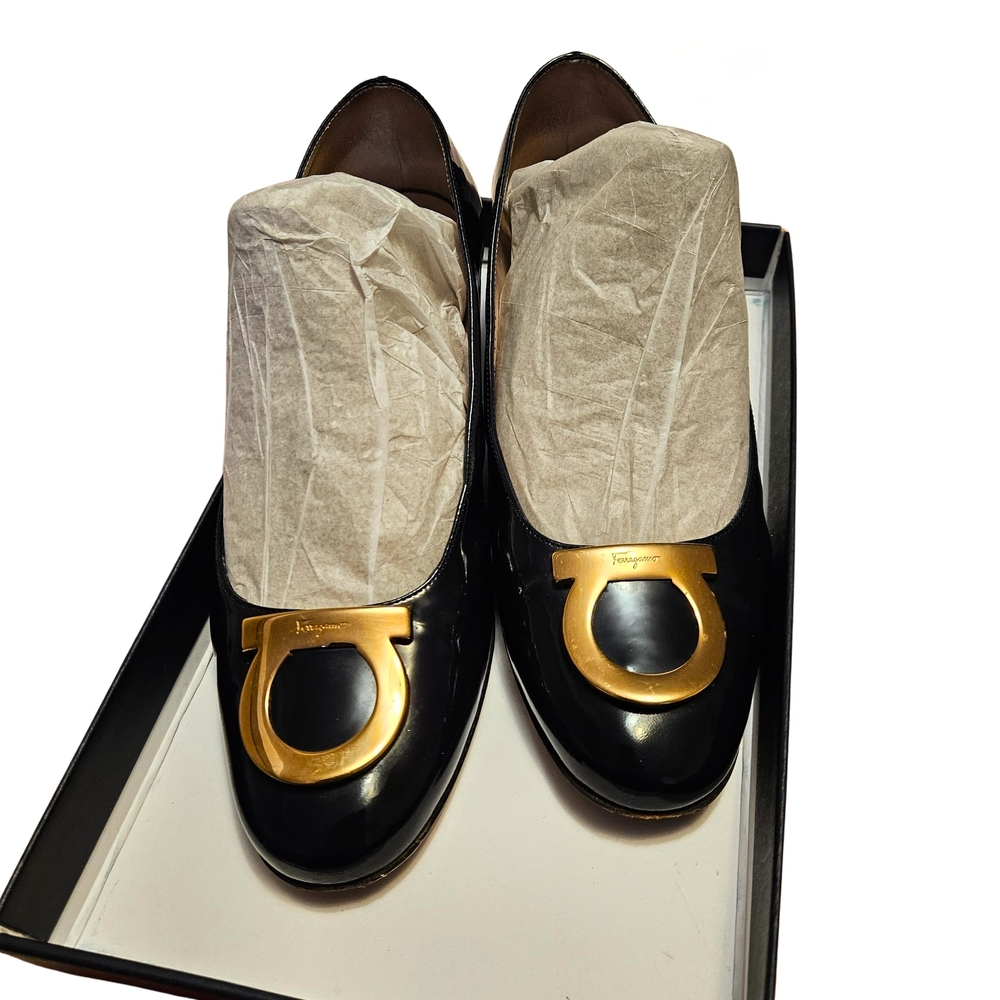 Salvatore Ferragamo Dark Navy Blue Patent Leather Shoes with Gold Accent Buckle